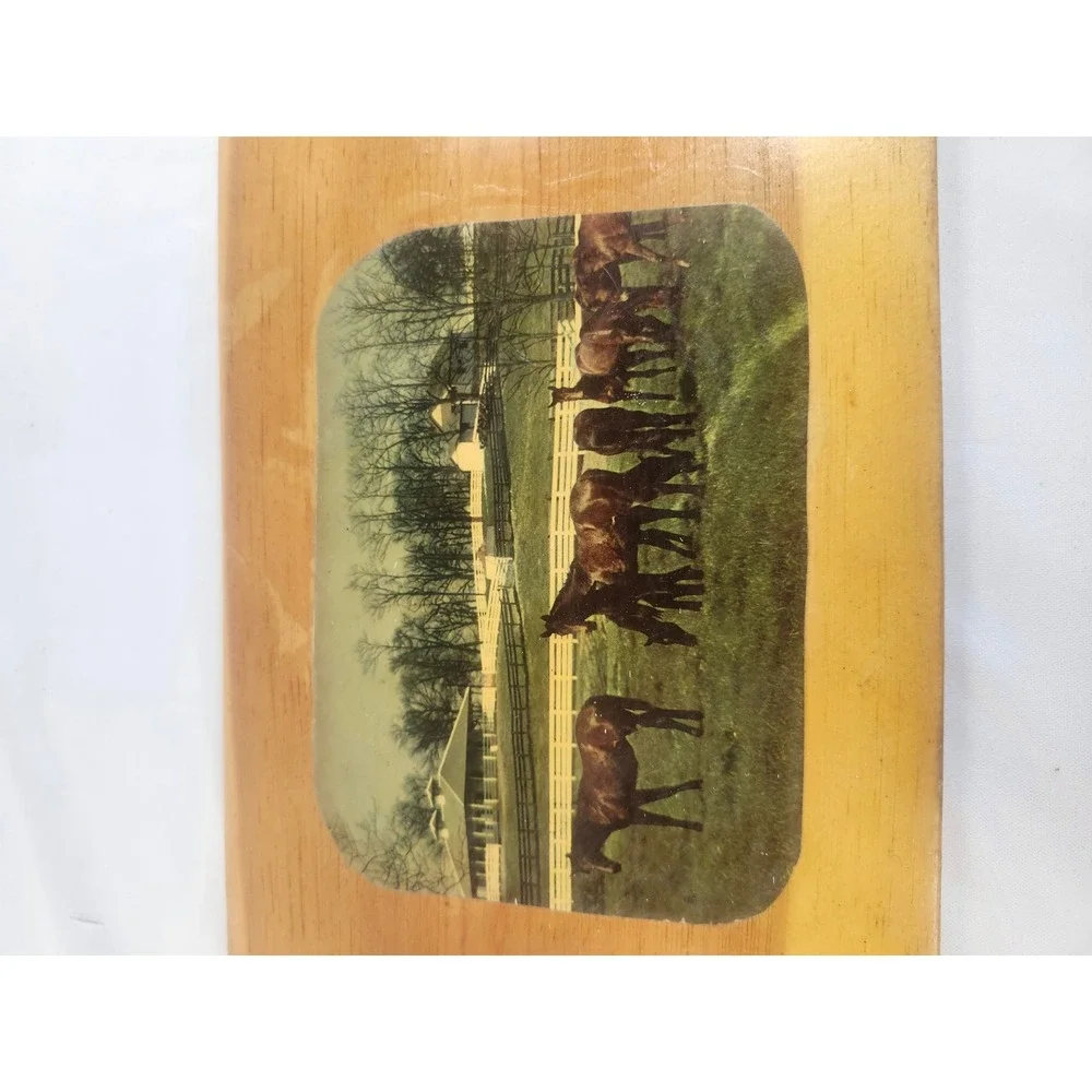Vintage Wood Plaque Horse Farm Scene Rustic Country Wall Decor Equestrian Art